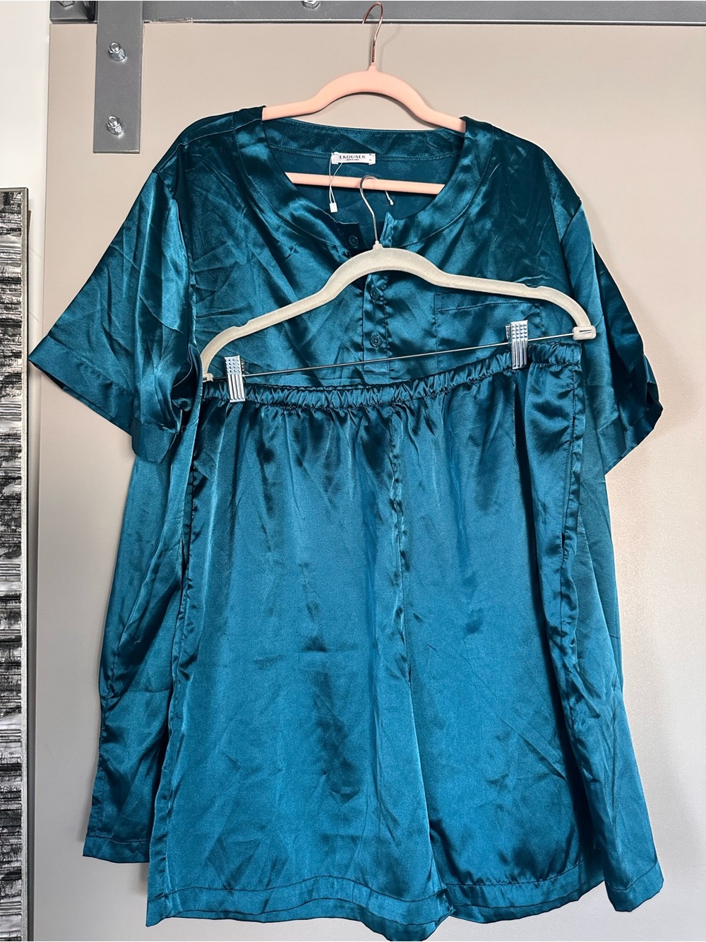 Silky Teal Satin Short Sleeve Pajama Set - Women Intimates